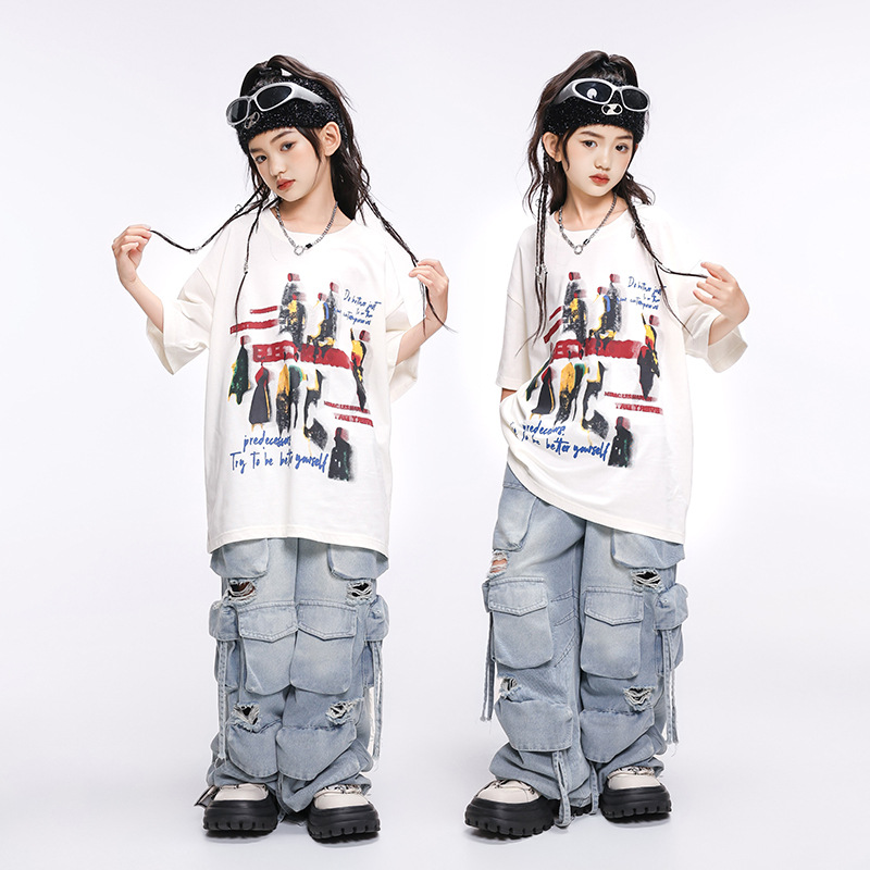 Distressed Jean Rip - Criança kpop hip hop roupas de