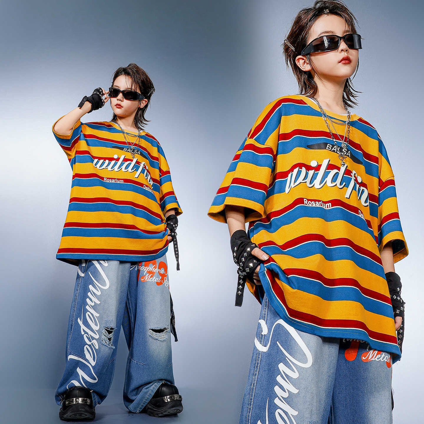 Distressed Jean Rip - Roupas Hip Hop para Crianças, Camiseta